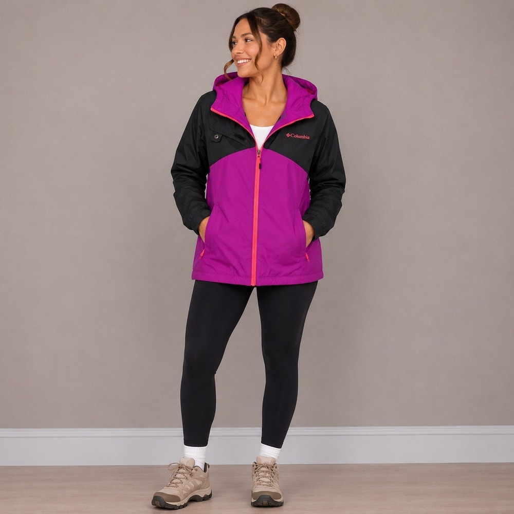Columbia Omni-Tech OutGrown Hooded Jacket Girls XL 18/20 Purple Black Waterproof